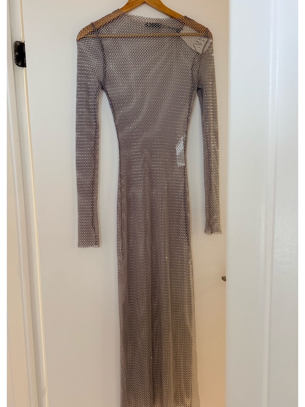 Zara Metallic Mesh Long Sleeve Maxi Dress - Silver Tone